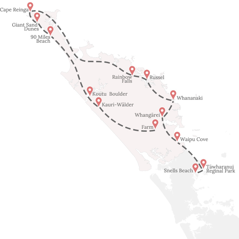 Karte von Northland / Neuseeland mit eingezeichneter Routtrip Route