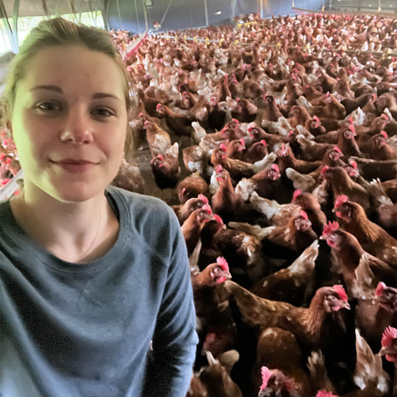 Selfie von einer jungen Frau mit unzähligen Hühnern im Hintergrund