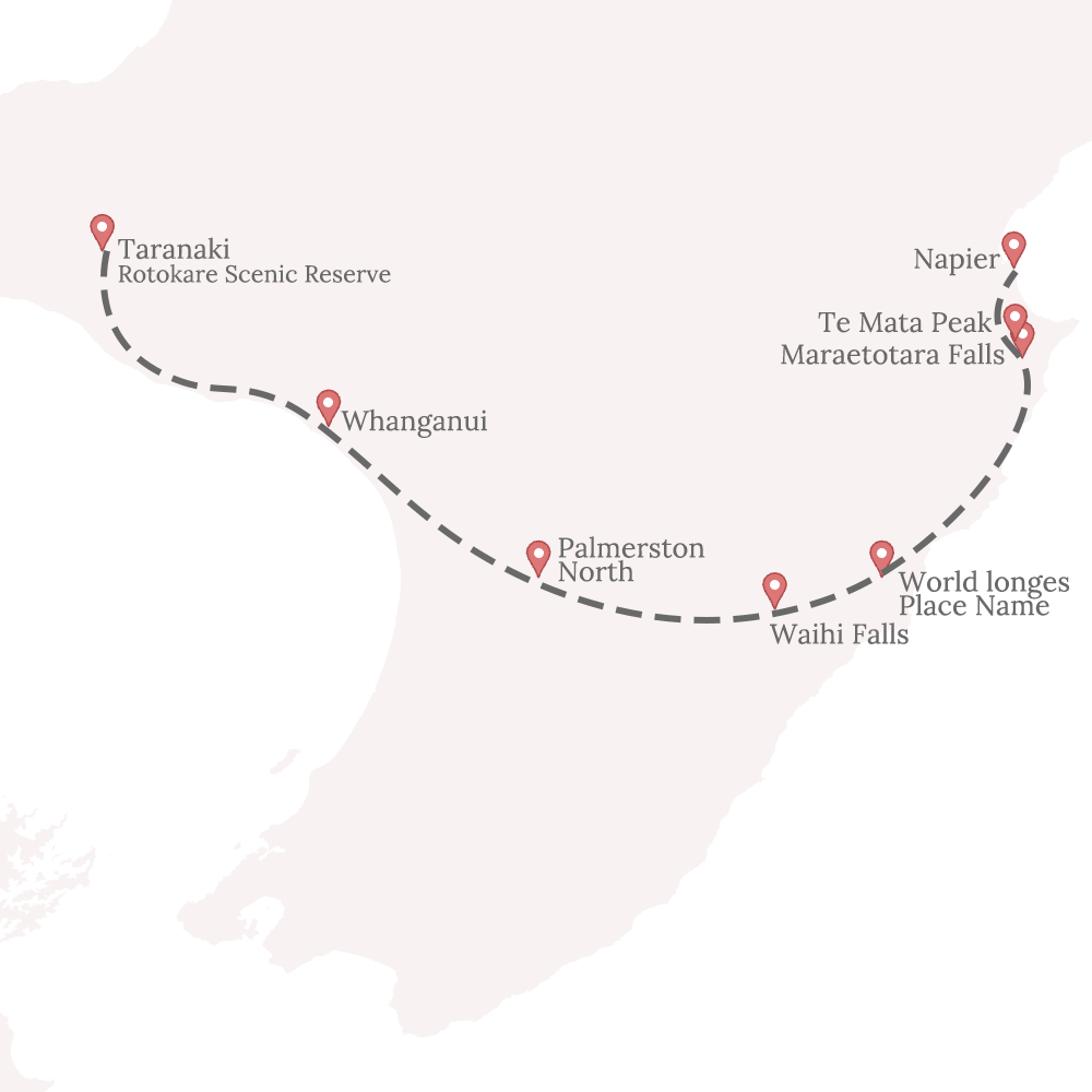 Karte von der Südlichen Hälfte von Neuseeland mit eingezeichneter Strecke