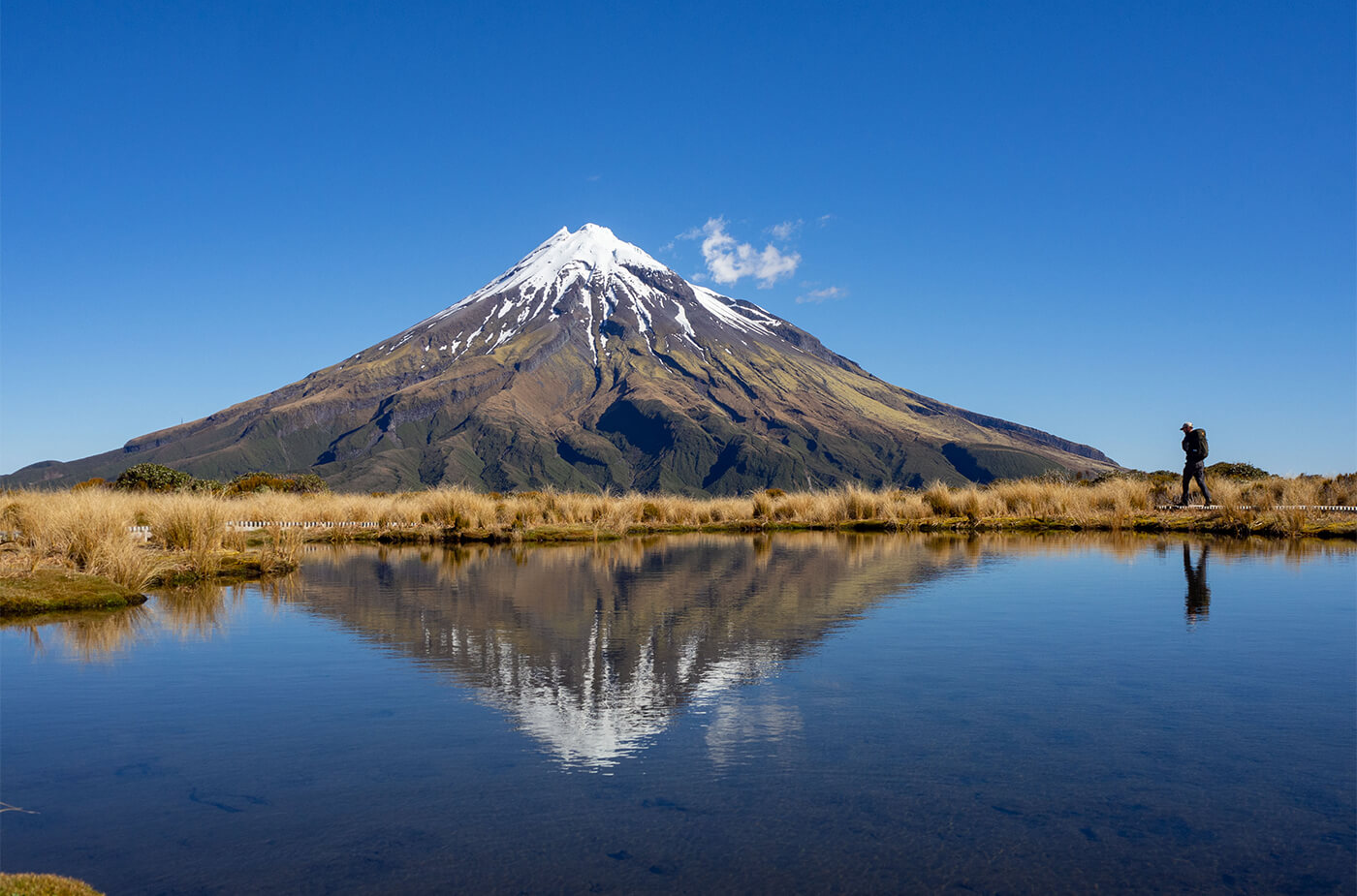 Ein Berg mit schneebedeckter Spitze spiegelt sich in einem See